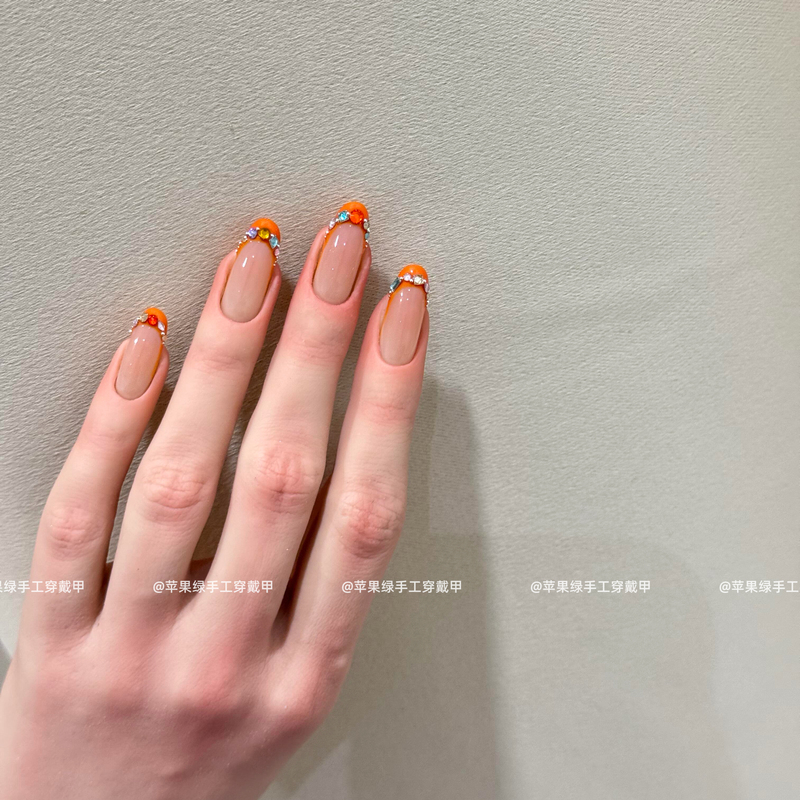 [Orange Soda] New Handmade Wearable Nail Tips, Sweet and Cool Spicy Girl Orange French Manicure Fake Nails