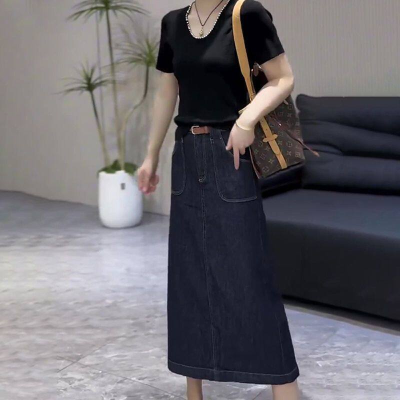 深蓝色牛仔半身裙女秋冬季新款高腰显瘦时尚百搭通勤开叉直筒裙