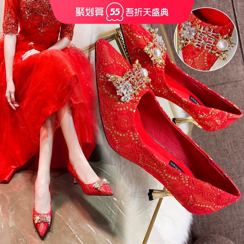 Light mouth shoes women 2021 spring new Chinese red wedding shoes crystal high heeled fine heeled Xiuhe clothing bridal shoes