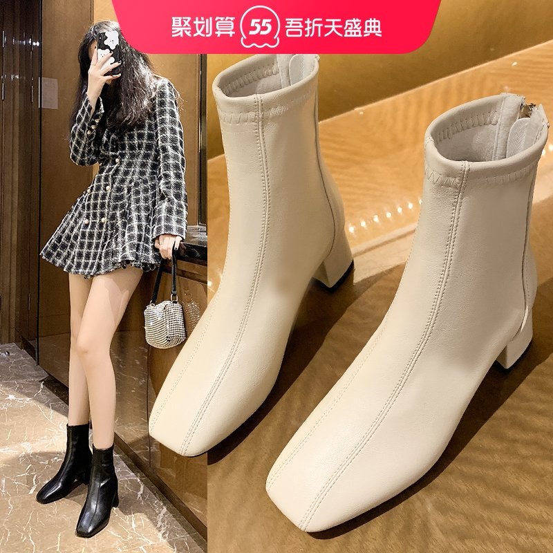 Autumn and winter Martin boots women 2020 new skinny boots high-heeled beige velvet booties in the tube boots Korean boots