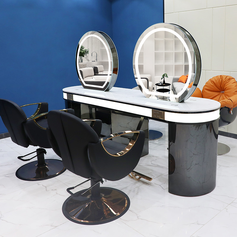 Net Red Hairdressingshop Mirror Desk Hair Salon Special Single-Sided Marble Mirror Table Cabinets Integrated Wireless Charging Beauty Hair Lens