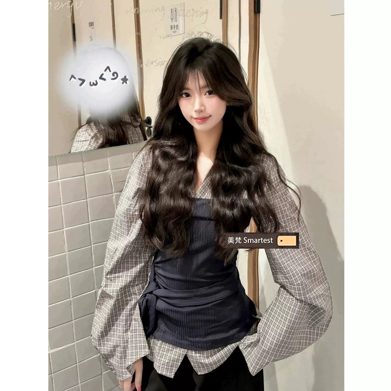 Korean Style Patchwork Fake Two-Piece Shirt for Women, Popular in Spring and Autumn, Very Attractive Design with Tie Waist, Long-Sleeved Plaid Shirt Korean Style Patchwork Fake Two-Piece Shirt for Women, Popular in Spring and Autumn, Very Attractive Design with Tie Waist, Long-Sleeved Plaid Shirt