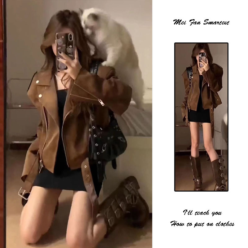 American Retro Brown Leather Jacket for Women, Autumn 2026 New Popular Style, Elegant and High-End Biker Leather Jacket, Trendy