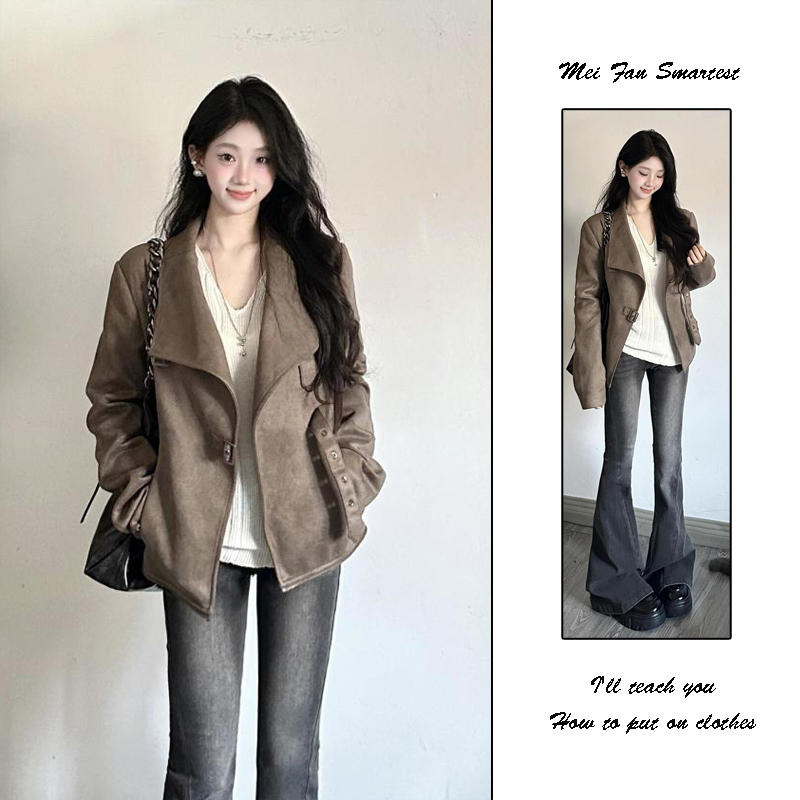 American Retro Suede Biker Jacket for Women, New Spring and Autumn Design, Niche Design, Large Lapel, Atmospheric Waist-Cinching Coat