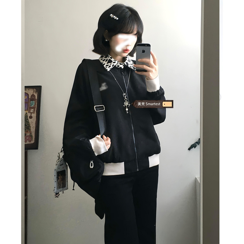 Korean-Style Lazy Cow Print Lapel Patchwork Jacket for Women, 2026 Autumn Loose Embroidered Color-Blocking Casual Coat