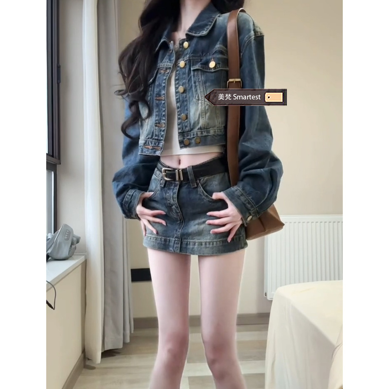 Retro Hong Kong Style Washed and Distressed Short Denim Jacket for Women, Early Autumn Hot Girl Skirt, Very Nice Two-Piece Suit