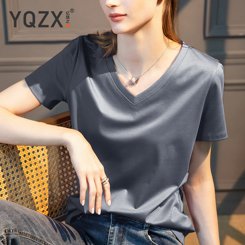 Liquid Ammonia 80-Count Mercerized Cotton Short-Sleeve T-Shirt for Women, High-End Gray Summer Women's Clothing, New V-Neck Loose Base Shirt, Cotton Top