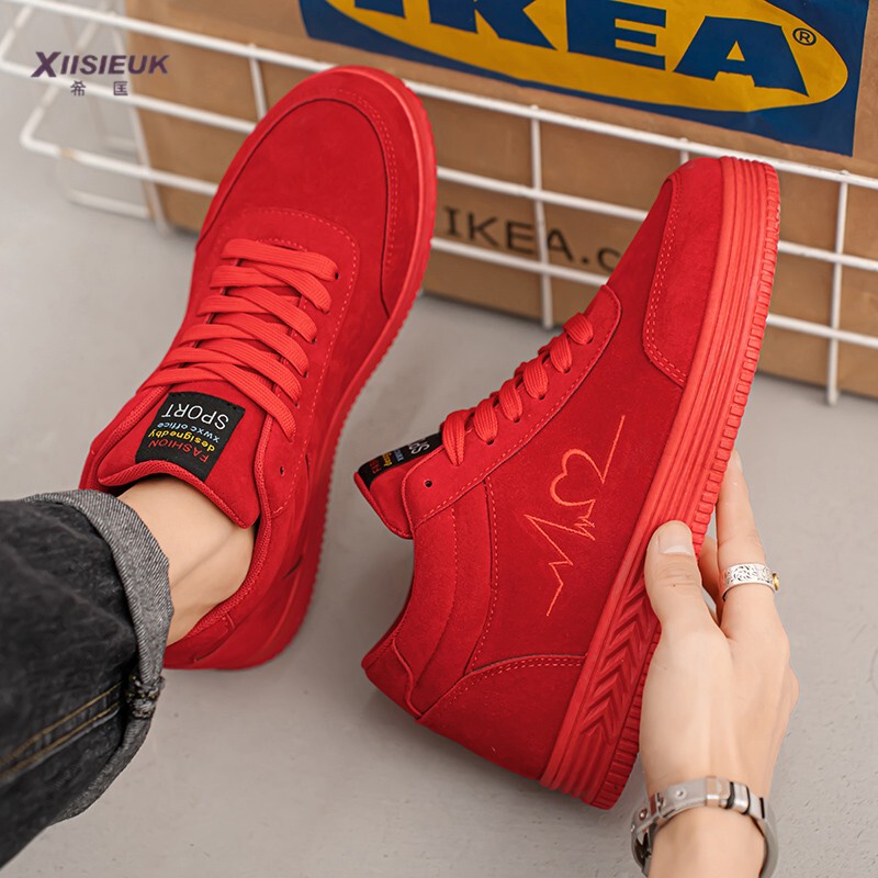 Autumn and Winter Men's High-Top Shoes, Bright Red, Versatile Youth Sports and Casual Shoes, Small Red Shoes, High-Top Men's Trendy Shoes