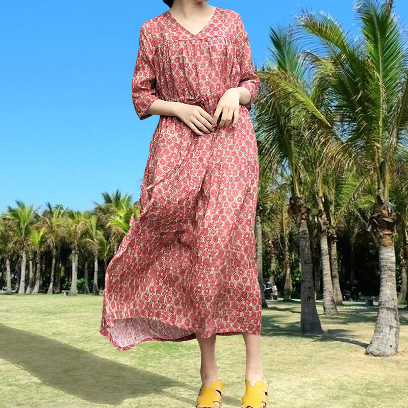 Summer hemp print dress travel literary women's V-neck tie slim retro robe commuter A-type long skirt
