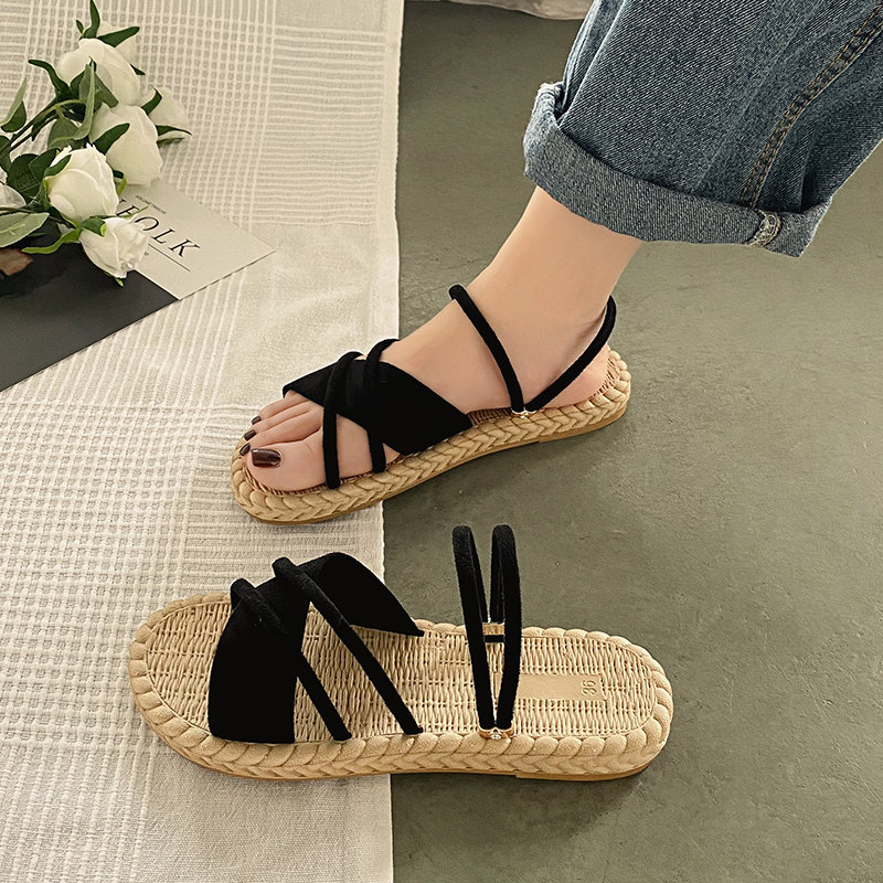 Flat BlackInternet celebrity With skirt Sandals female summer Fairy wind 2021 new pattern fashion student Thick bottom ins tide Muffin Flat shoes