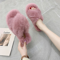 Cotton slippers womens autumn and winter 2021 new Korean version of the opening word drag home thick bottom outer wear fluffy slippers winter