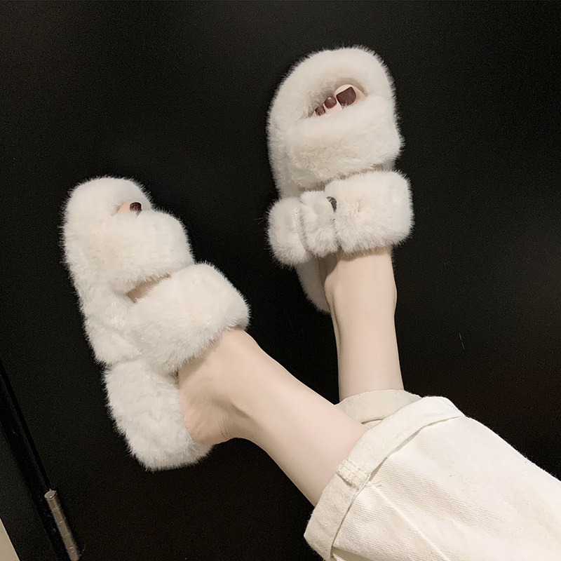 Hairy slippers women 2021 autumn winter new Korean version of the thick bottom net red outside wearing fashion versatile one-word summer cotton slippers