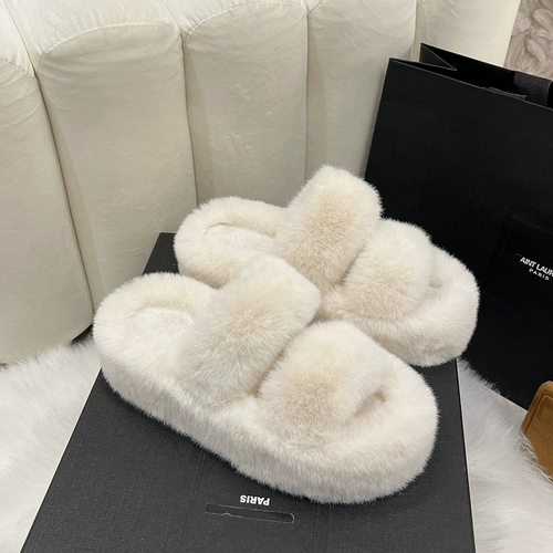 Женские меховые тапочки для женщин, одетых в 2024 весну и лето Новый большой большой размер толстого плюшевого офиса домашний вал