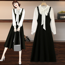 Fat sister dress autumn new size womens wear slim lace-up shirt strap skirt high-end foreign style two-piece set