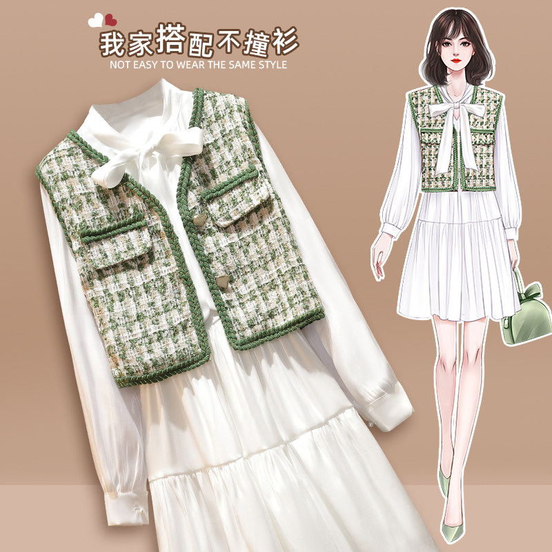 Big size women's clothing spring new micro-fat sister to be thin and covered with white one-piece dress, and a two-piece set of submachia.