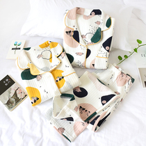 Womens autumn and winter cotton air cotton laminated pajamas set cotton long sleeve thin three layer cotton padded home clothing