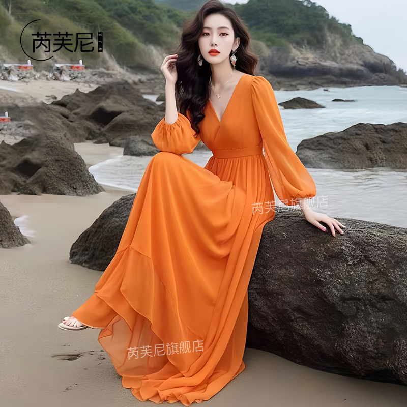 Orange Long Dress for Women 2026 Summer New Style Beach Photo Shoot Vacation Beach Dress with Exposed Feet and Large Hem Long Skirt