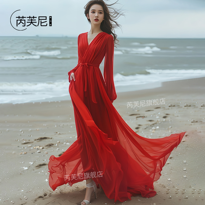 Red Chiffon Beach Dress 2026 Summer New Style Sanya Travel Photo Shoot Large Swing Skirt Elegant Vacation Long Dress Red Chiffon Beach Dress 2026 Summer New Style Sanya Travel Photo Shoot Large Swing Skirt Elegant Vacation Long Dress