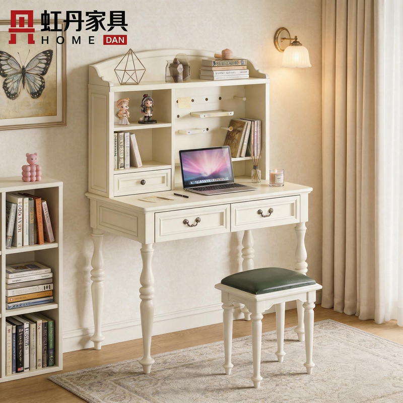 Cream-Colored Solid Wood Desk with Integrated Bookshelf and Drawer Storage, Study Desk for Home Use, Suitable for Small Apartments, Office Computer Desk
