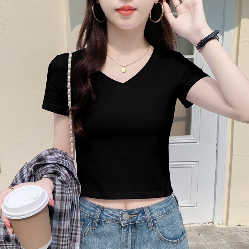 Black V Neck Short T-Shirt Women's Short-Sleeved Slim Fit Summer 2026 New Pure Cotton High-Waisted Crop Top for Small People Black V Neck Short T-Shirt Women's Short-Sleeved Slim Fit Summer 2026 New Pure Cotton High-Waisted Crop Top for Small People