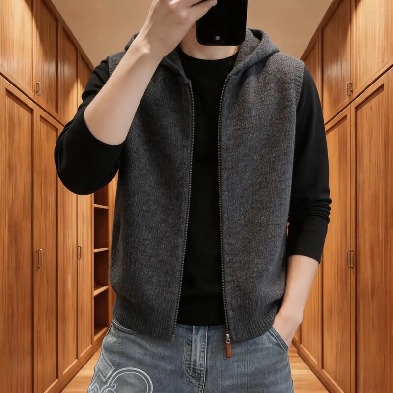 【Light Luxury Fashion】Autumn and Winter Men's Solid Color Casual Trendy Versatile Loose Hooded Knitted Vest Jacket 2803