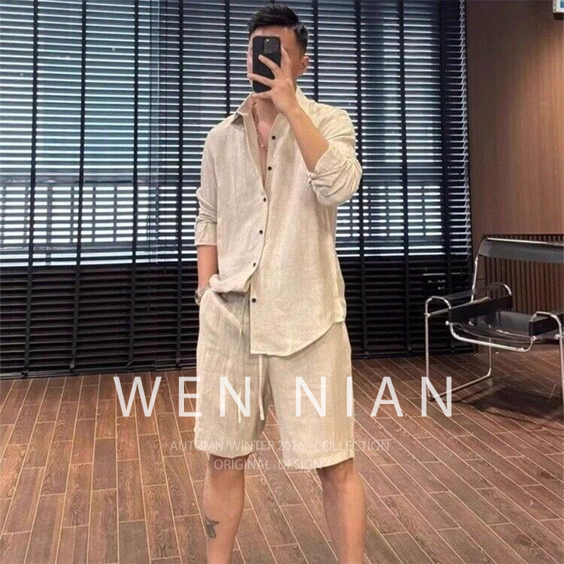 Korean Wen Nian Thin Linen Long-Sleeved Casual Suit for Men 2026 Summer Fashion Shirt and Shorts Two-Piece Set Korean Wen Nian Thin Linen Long-Sleeved Casual Suit for Men 2026 Summer Fashion Shirt and Shorts Two-Piece Set