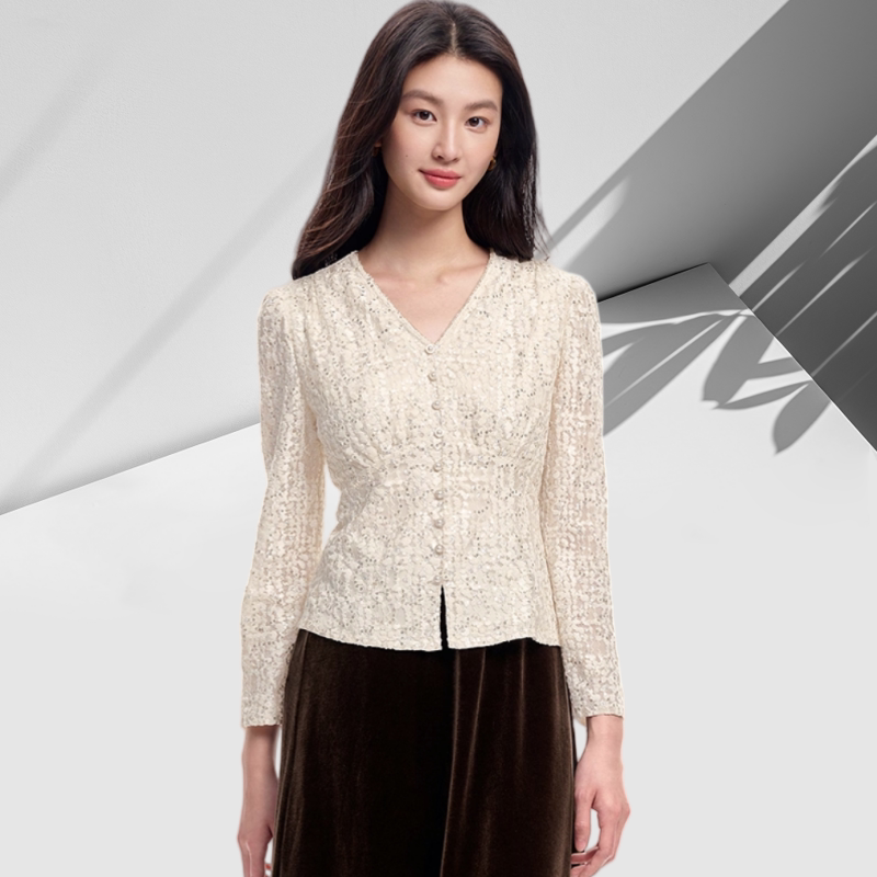 The Same Style as the Mall's Kesi Yin, the New Autumn V-Neck French Elegant Sequin Lace Shirt with Long Sleeves for Women The Same Style as the Mall's Kesi Yin, the New Autumn V-Neck French Elegant Sequin Lace Shirt with Long Sleeves for Women