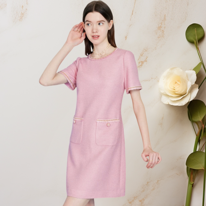 [in Stock Clearance] Summer French Style Socialite Round Neck Straight-Fit Dress, Fashionable and Age-Reducing Pink Chanel-Inspired Dress
