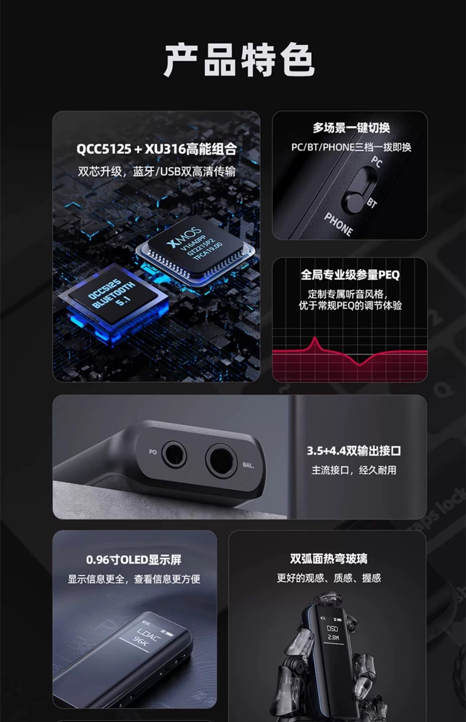 Internal view of the FiiO BTR15, showing the QCC5125 Bluetooth 5.1 chip and XMOS XU316 processor.