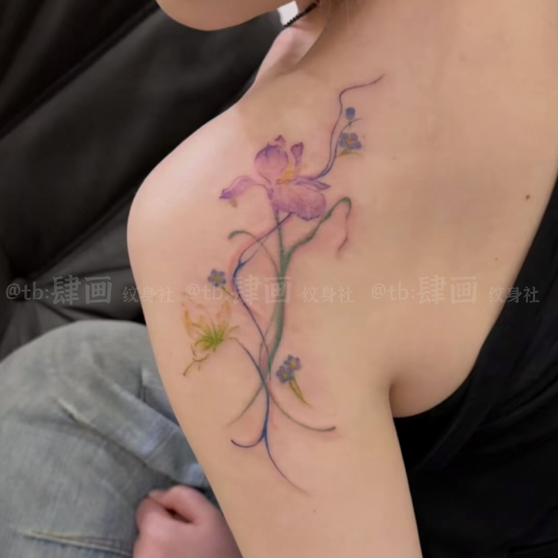 Colorful Iris Flower Tattoo Stickers, Waterproof and Long-Lasting, for Women, Shoulder and Arm Ink-Style Floral Fresh Stickers with a Realistic High-End Feel
