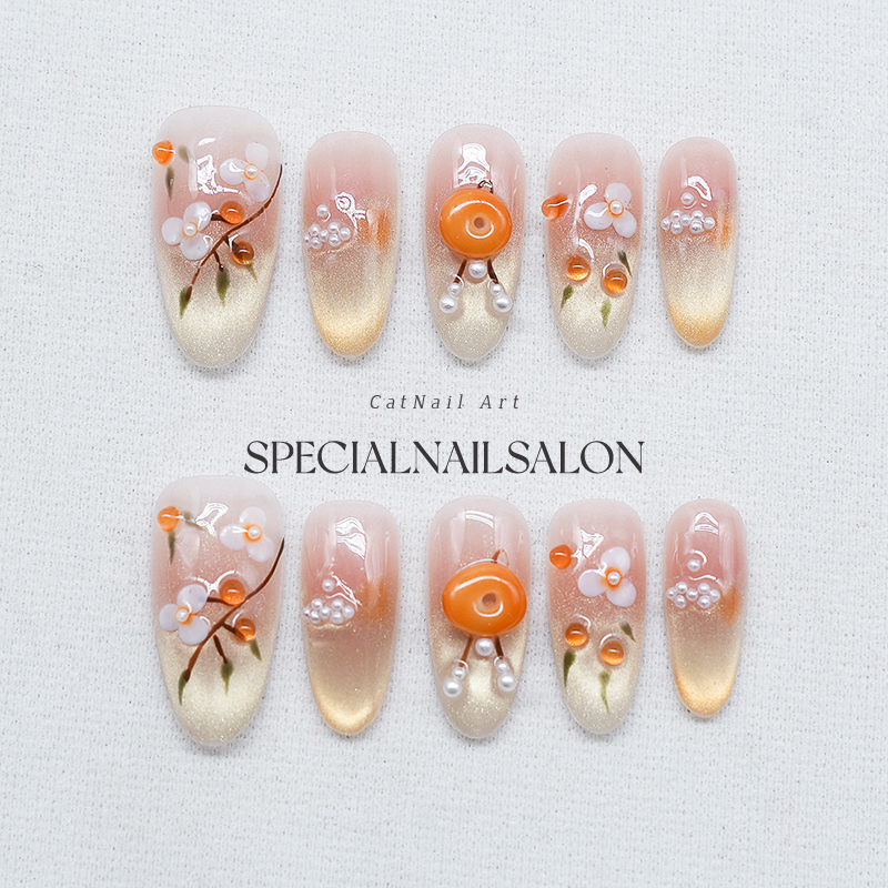 【Yellow Jade White Flower】Handmade Wearable Nails with 3D Carved Gradient Cat's Eye Almond High-End Nail Art Stickers