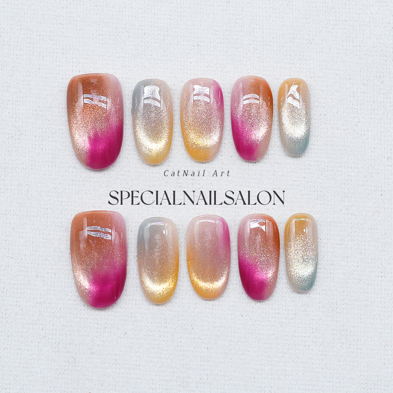 [Candy Party] Handmade Wearable Nail Art Super Popular Summer Dopamine Iridescent Flashing Cat Eye Nail Stickers