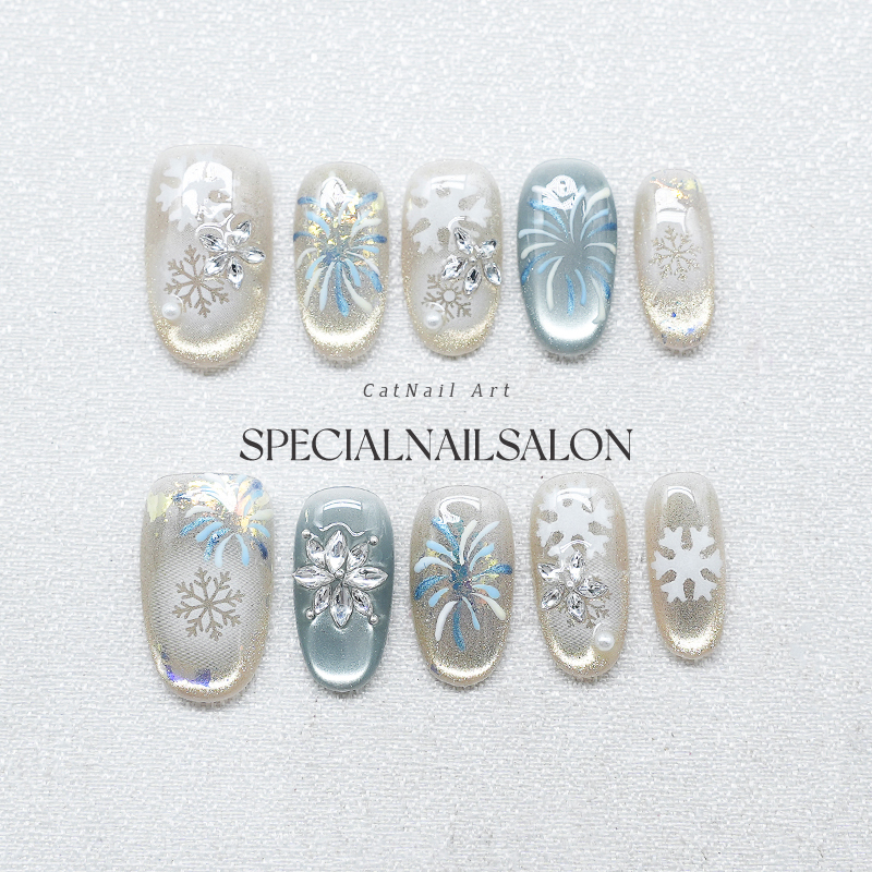 【Snowflake Smoke Dance】Handmade Wearable Nail Art Snowflake Fine Glitter Diamond Decor Fireworks Cat Eye High-End Nail Stickers