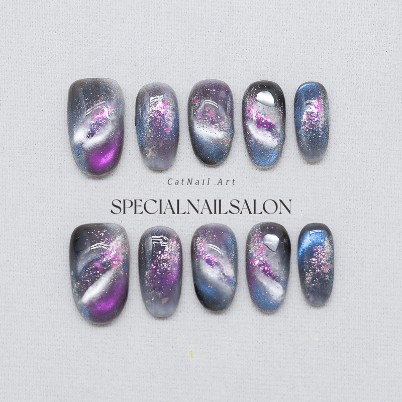【Galaxy Aurora】Handmade Wearable Nails High-Value Special Gradient Blue-Purple Cat Eye Short Nail Art 【Galaxy Aurora】Handmade Wearable Nails High-Value Special Gradient Blue-Purple Cat Eye Short Nail Art