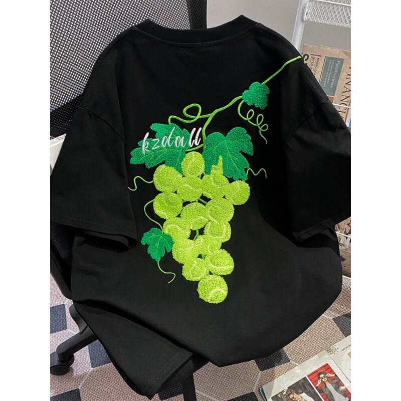 American Retro Grape Tennis Towel Embroidered Short-Sleeve T-Shirt for Men and Women, New Summer Style, Heavyweight Half-Sleeve Top for Couples American Retro Grape Tennis Towel Embroidered Short-Sleeve T-Shirt for Men and Women, New Summer Style, Heavyweight Half-Sleeve Top for Couples