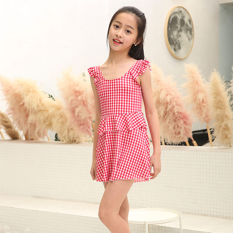 Bộ đồ bơi trẻ em kẻ sọc 8-12 tuổi màu đỏ kẻ sọc bé gái chia đôi váy công chúa áo tắm - Bộ đồ bơi của Kid đồ bơi liền thân cho bé gái