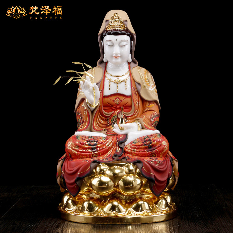 Stone sculpted Han white jade handmade painted Guanyin Bodhisattva Buddha statue of the Buddha is dedicated to the home living room Western Baba Sanholy