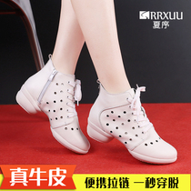 Summer Motif Dance Shoes Soft Bottom Outside Wearing New Water Soldiers Shoes Genuine Leather Middle Heel Square Dance 2022 Fall Ballroom Dancing Shoes