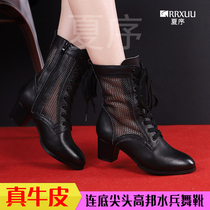 Water Soldier Dance Boots Outwear Dancing Shoes Women Spring Summer Season Netting Boots 2022 New Genuine Leather Square Dance Shoes Soft Bottom