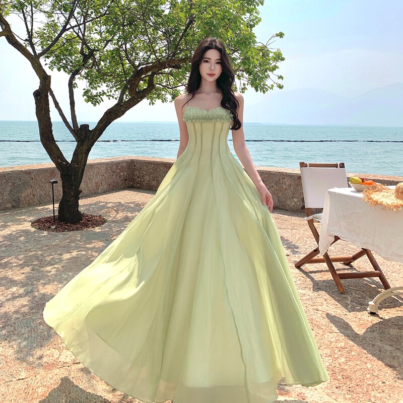 French-Style Stunning Seaside Vacation Beach Dress, Mint Mambo Green Spaghetti Strap Dress, Waist-Cinching, Slim-Fitting, Elegant Long Dress