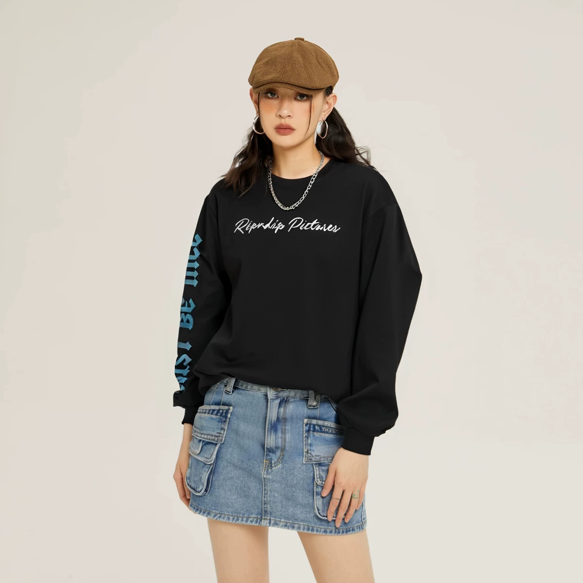 RIPNDIP Линг кошка средний палец кот длинный рукав T-shirt PICTURES Постер Xiaqiu Мужчины и женщины одинаково свободный свитер