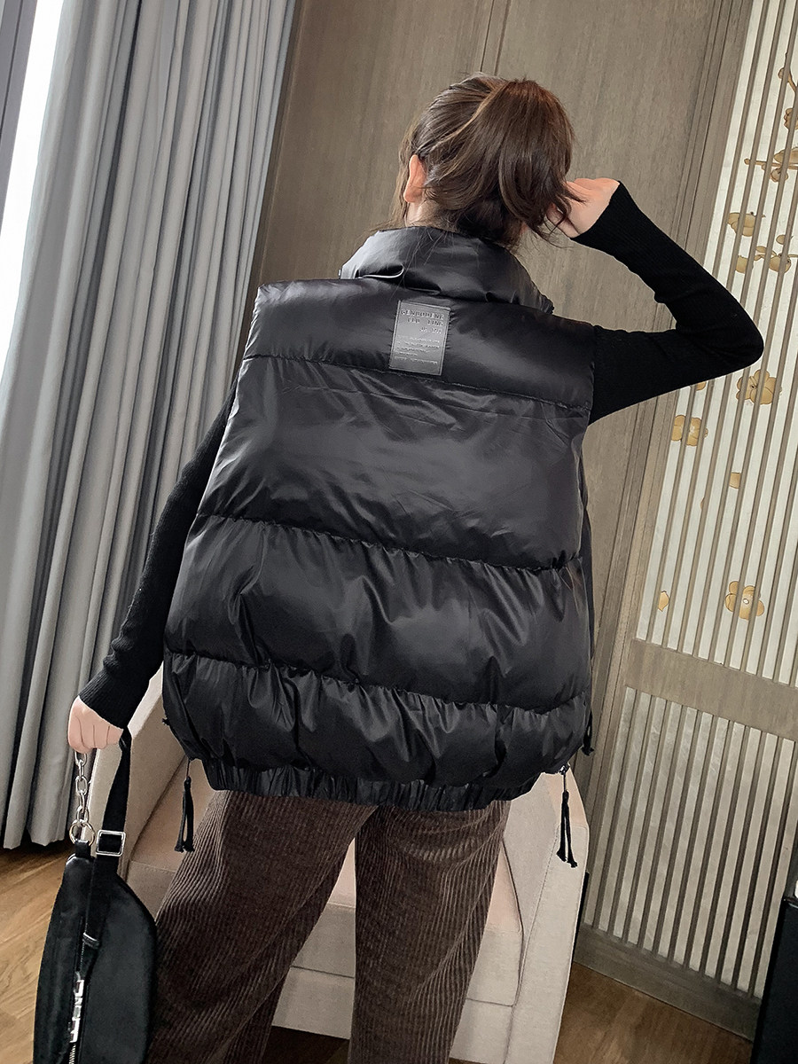 Down cotton vest women autumn and winter wear 2021 Korean version of the outer loose-fitting thin horse clip bright face shoulder vest jacket