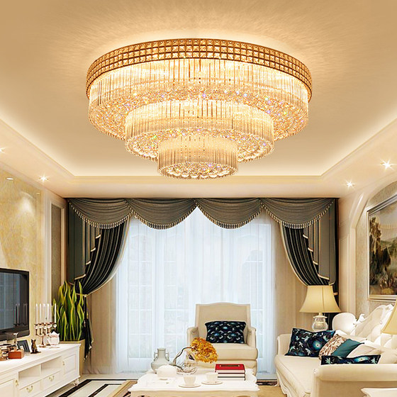 Luxurious Led Gold Living Room Lamp, Round Crystal Lamp, Elegant European-Style Modern Lamp, Rectangular Three-Layer Ceiling Lamp