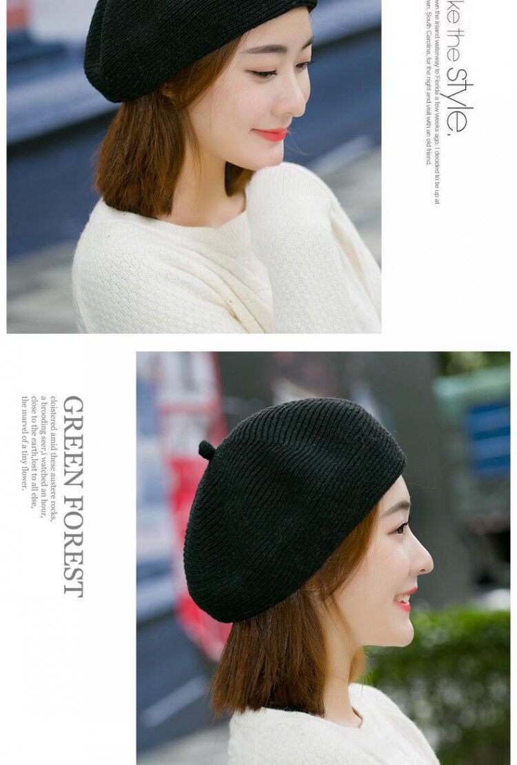 贝雷帽子女秋冬季韩版日系百搭羊毛针织毛线帽英伦画家帽冬天保暖详情15