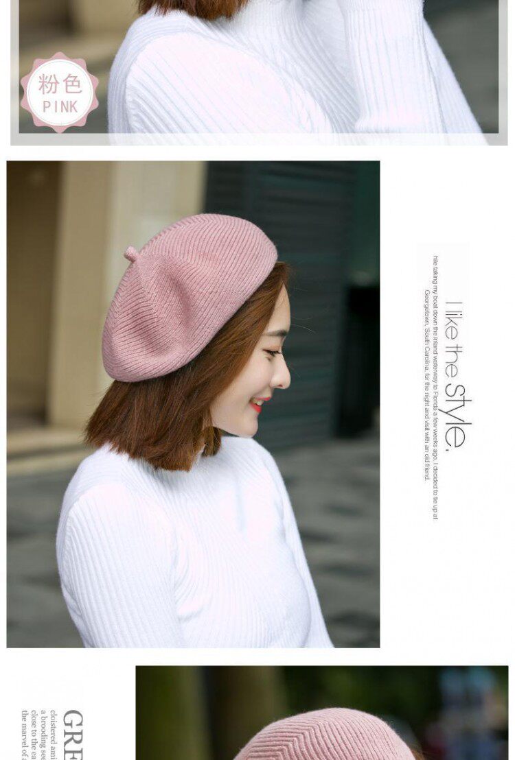 贝雷帽子女秋冬季韩版日系百搭羊毛针织毛线帽英伦画家帽冬天保暖详情6