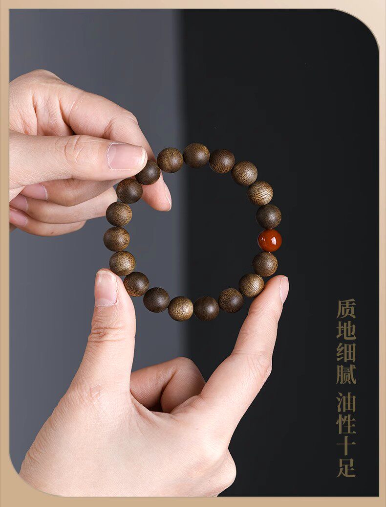 листья аквиларии 正品天然奇楠沉香手串本命年蜜蜡木质棋楠佛珠单圈手链女情侣款