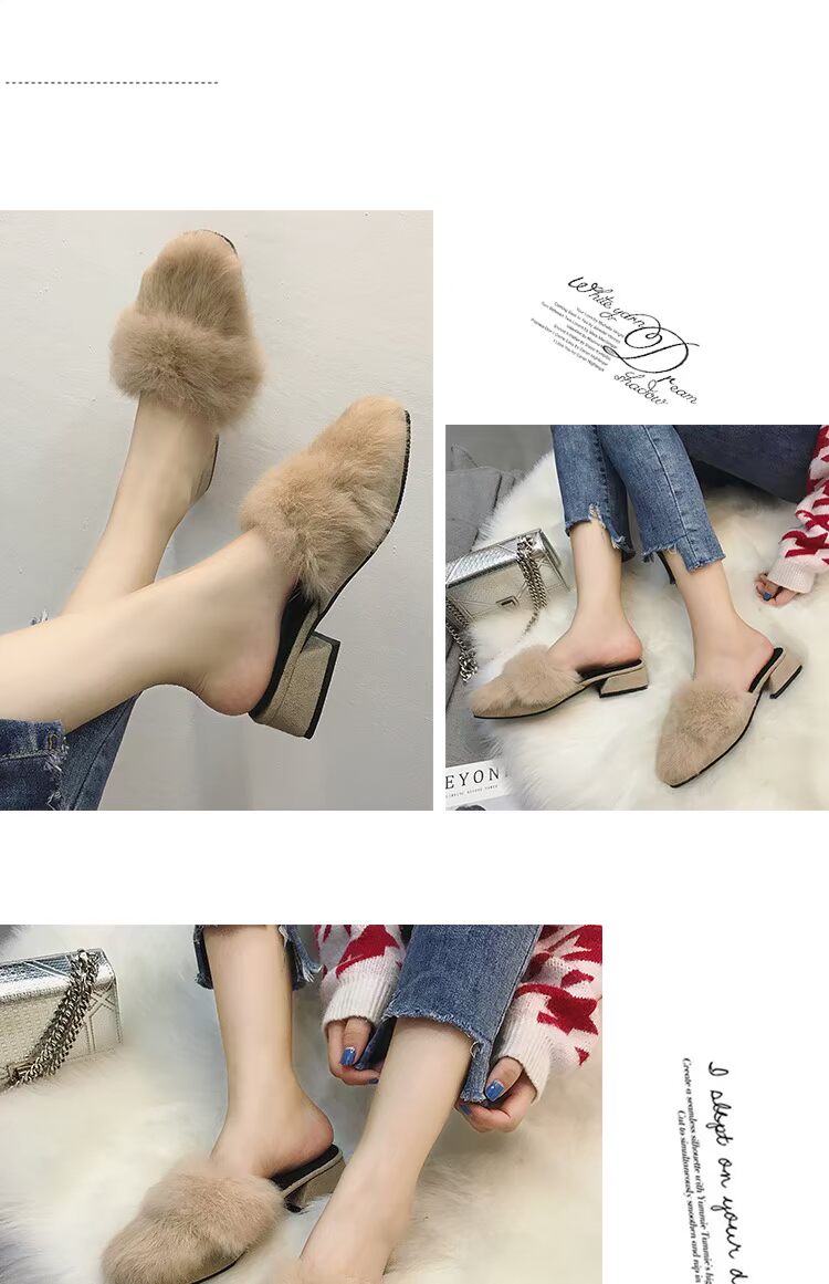 Dép lông châu Âu nữ 2018 thu đông mới dày với giày ngoài Mules giày đế xuồng nửa xã hội thủy triều dép búp bê
