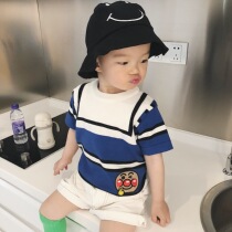 New ins summer and autumn infant boy clothing cute baby embroidery pattern pure cotton striped short sleeve head-knitted sweatshirt