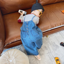 2022 Spring autumn new childrens clothing South Korea retro loose wide leg jeans conjoined pants male and female baby back with pants