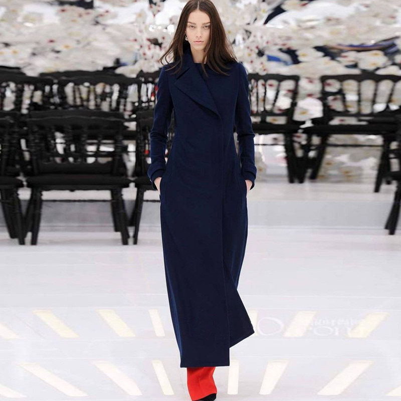 Long retro-black hidden blue European and American coat female occupation Heben Wind thickening thin lean wool coat